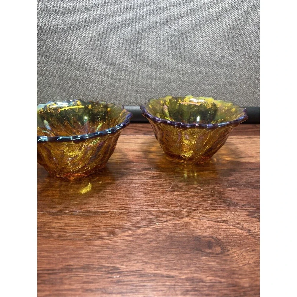 Amber Carnival Glass Taper Candle Holder Bowl 2.5 X 4.5 Vintage Glass Set
